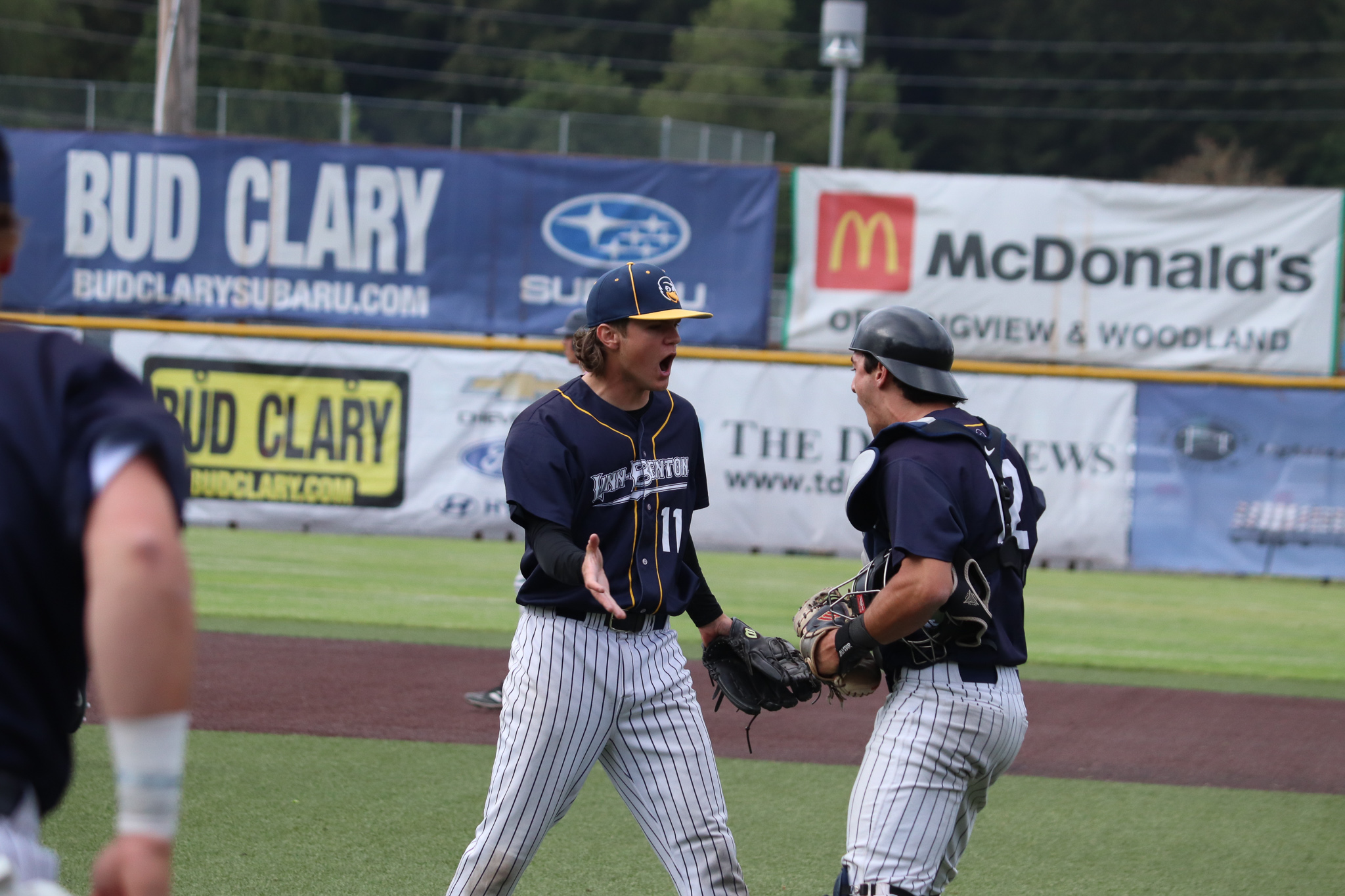 Roadrunner pitcher Brady Baltus, and catcher Jake Morrow celebrate a win against Lower Columbia College on Sunday, May 29. Photo Courtesy: Carsyn Meyers